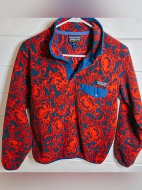 Patagonia Synchilla Snap Fleece Pullover Jacket Red Lotus Flower Roses | Small